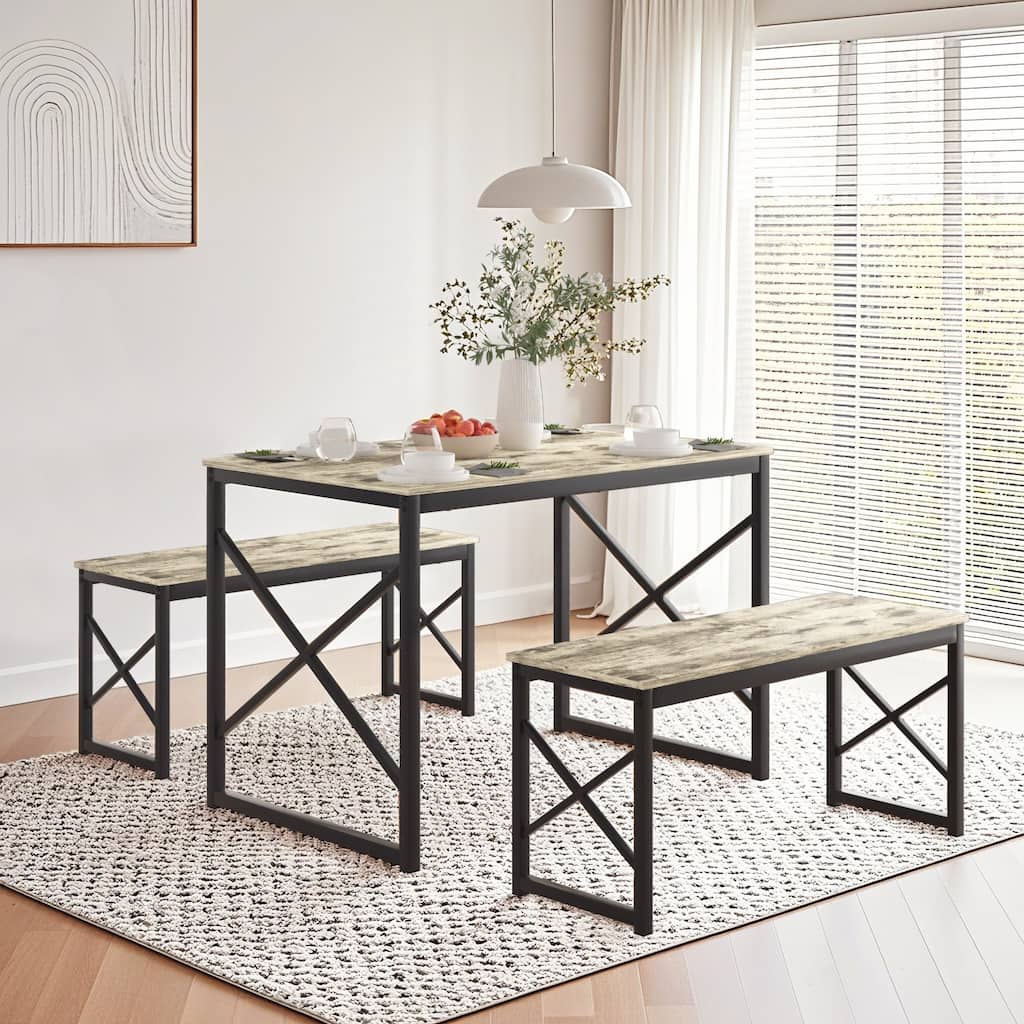 Javlergo Industrial Grey 3-Piece Dining Table Set with 2 Benches X-Frame Design Space Saving Kitchen Table Set for 4 People