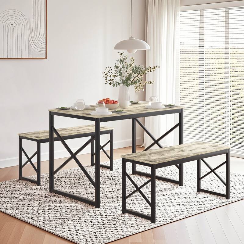 Javlergo Industrial Grey 3-Piece Dining Table Set with 2 Benches X-Frame Design Space Saving Kitchen Table Set for 4 People
