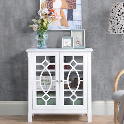 White MDF and Glass Storage Cabinet Sideboard with Adjustable Shelves - 29.75" W x 15.5" D x 32" H