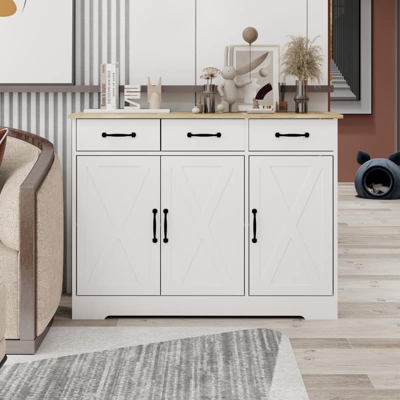 Farmhouse Buffet Cabinet Storage Sideboard with 3 Drawers and 3 Doors for Dining Living Room Kitchen Cupboard-White  - White