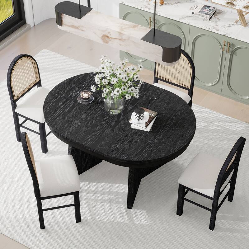 5-Piece Round Dining Table Set For 4,Retro Extendable Dining Table Set With 4 Upholstered Chairs,Kitchen Table And Chairs