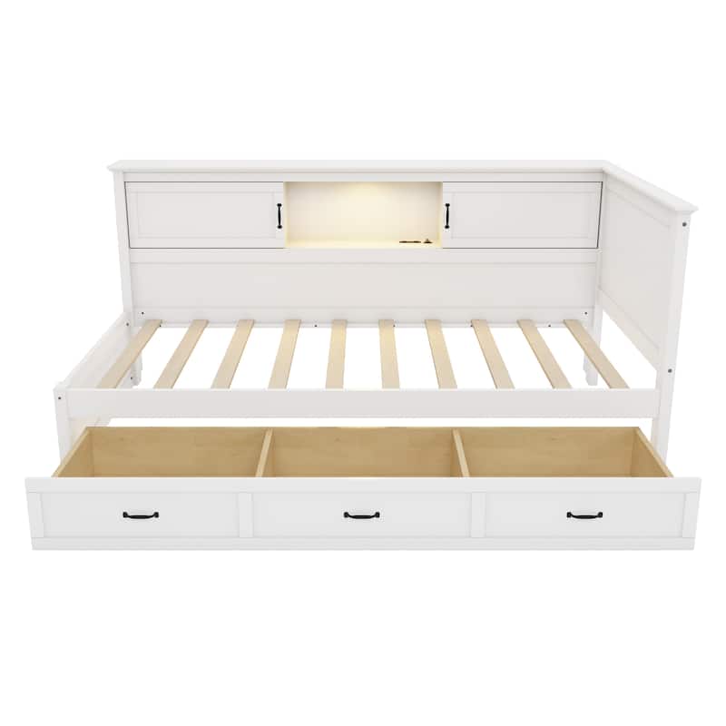 L-Shaped Corner Bed Frame with Drawer, Bookcase, LED Downlight and USB Port