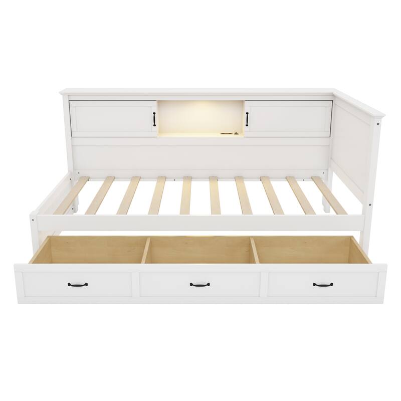 Modern L-Shaped Corner Bed Frame with Drawer, Bookcase, LED Downlight and USB Port