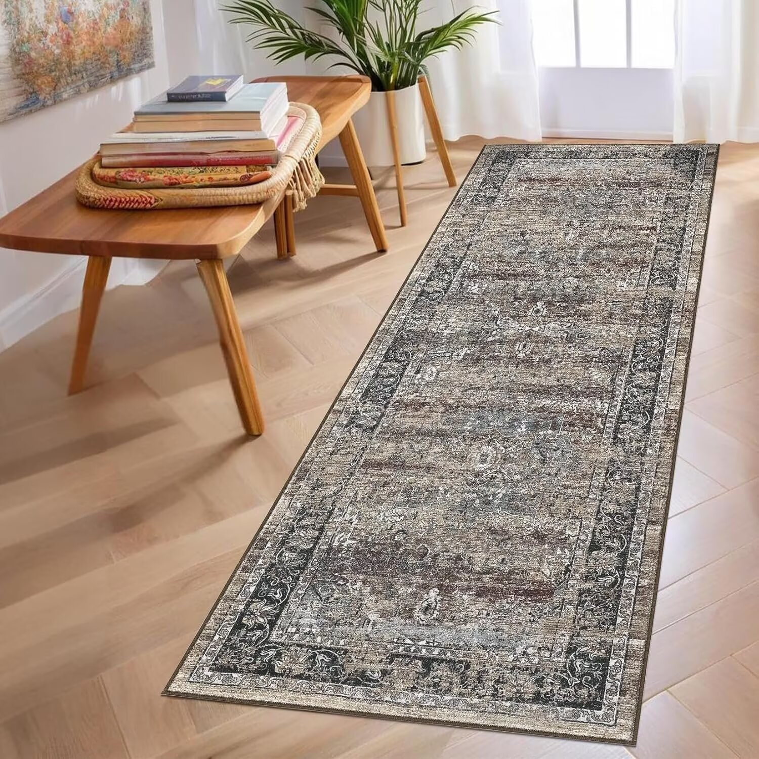 Machine Washable Area Rug Vintage Medallion Rugs Non Slip Low Pile