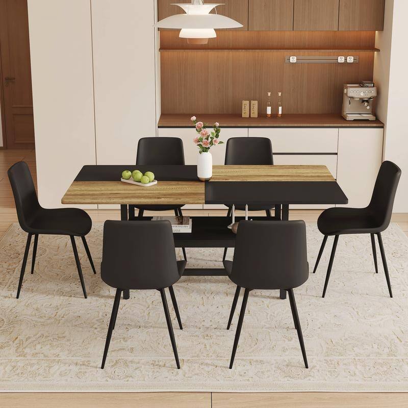 Modern 7-Piece Wood & Black Dining Table Set with Storage and 6 PU Leather Chairs