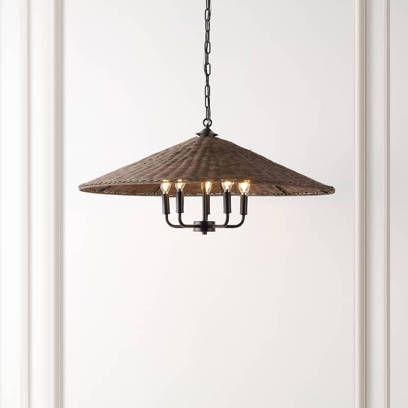 SAFAVIEH Lighting Aureliea 5-Light Wicker Pendant Chandelier (LED Bulbs Included) - 30 In. x 30 In. x 17-76 In.