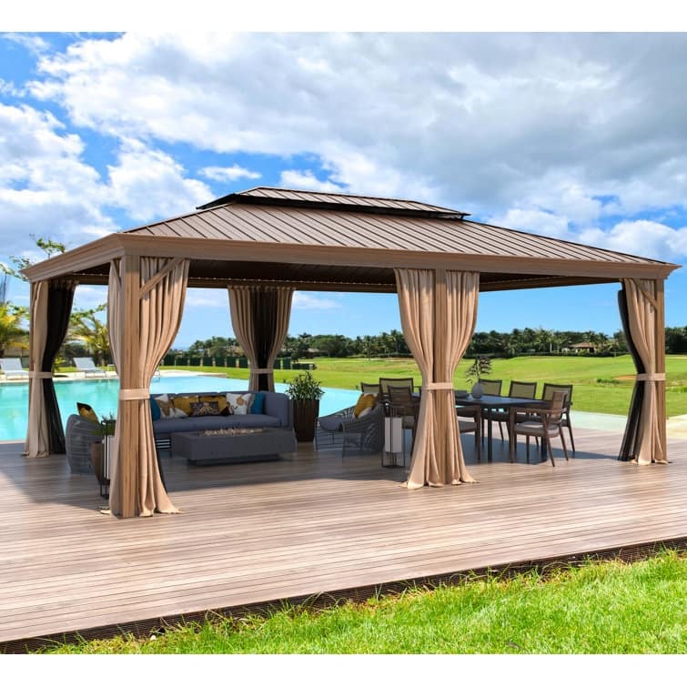 Outdoor Galvanized Steel Roof Gazebo Pergola w Wooden Coated Alumninum Frame, Privacy Curtains and Nettings Include