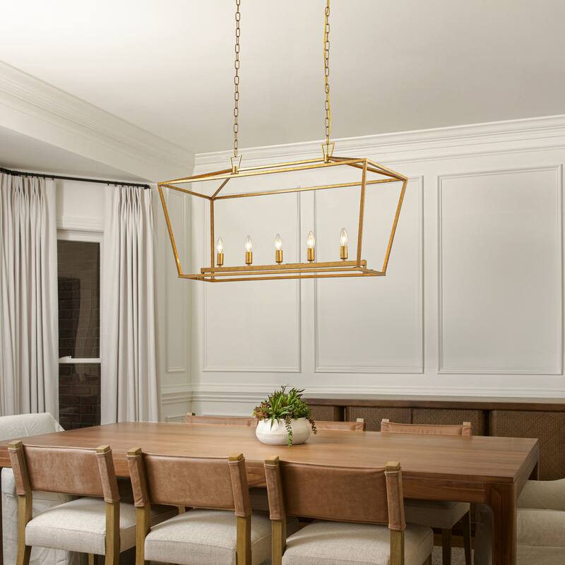 5-Light 39'' Modern Industrial Matte Gold Linear Lantern Geometric Chandelier Rectangle Cage Light For Kitchen Island - W39''