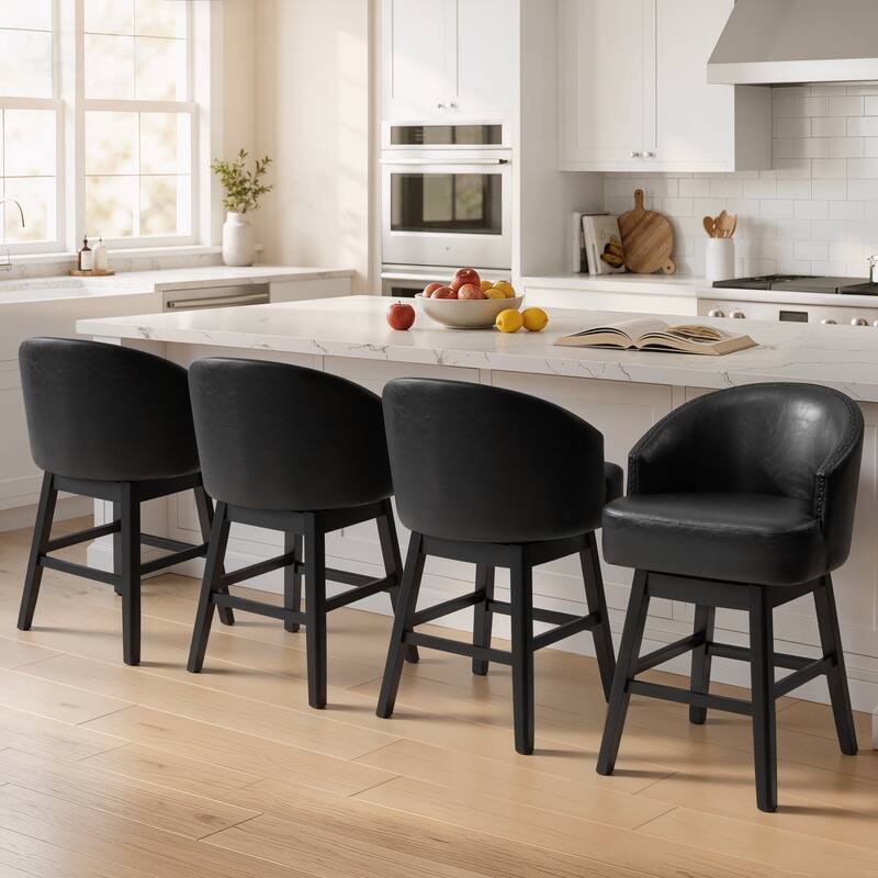 26.4''/31.9"H Faux Leather Upholstered Solid Wood Swivel Bar Stools / Counter Stools - Set of 4 - 26.6''Black - Counter Height