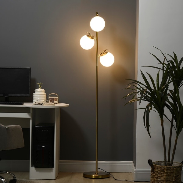 HOMCOM 3 Light Modern Floor Lamps for Living Room Tree Standing Lamp for Bedroom with Globe Lampshade Steel Base Gold On Sale Bed Bath Beyond 36955052