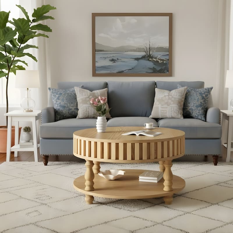 Farmhouse Fluted Coffee Table with Storage and Flip-Top Lids