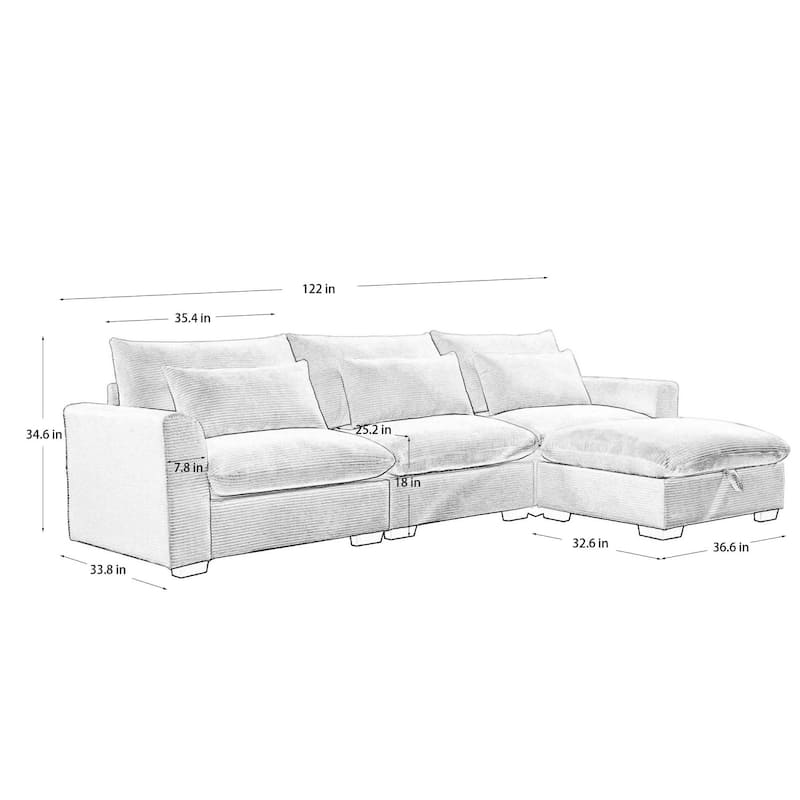 122" Modular Corduroy Sectional Sofa with Storage Ottoman for Living Room