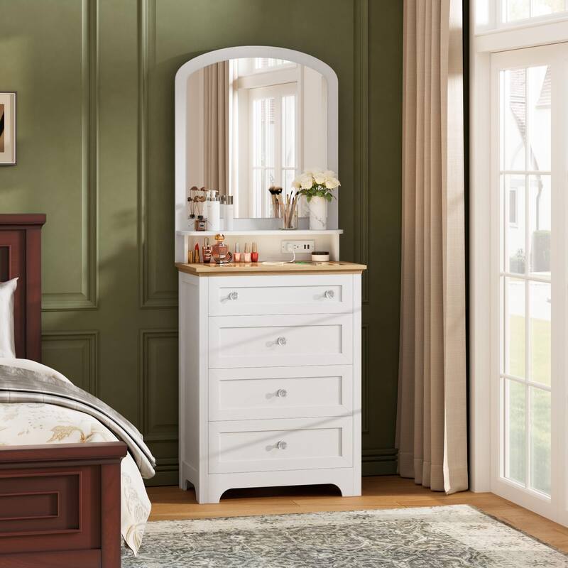 Drawer Dresser with Mirror Charge Station and LED Strip,4 Drawer Cabinet with Cristal Knobs,Modern Makeup Vanity Table