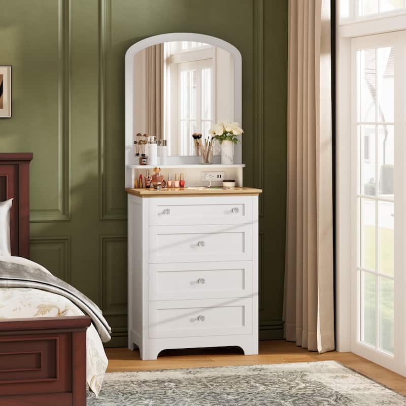 White 4-Drawer Dresser with Mirror, Built-In Charging Station and LED Strip, Modern Vanity Table