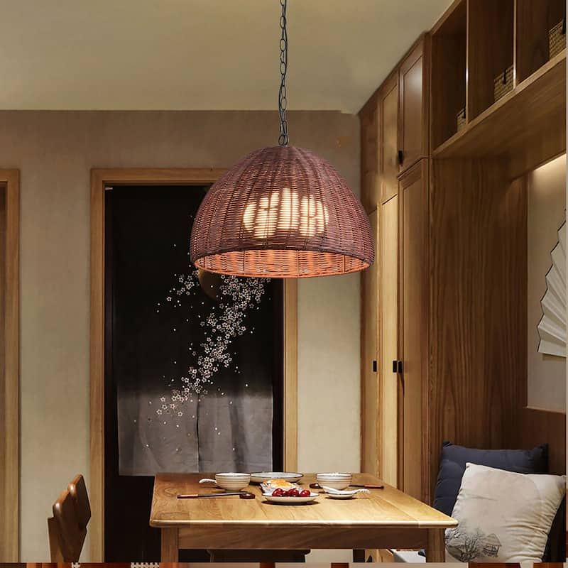 1-Light Rattan Dome Pendant light with Bulbs Included - Walnut