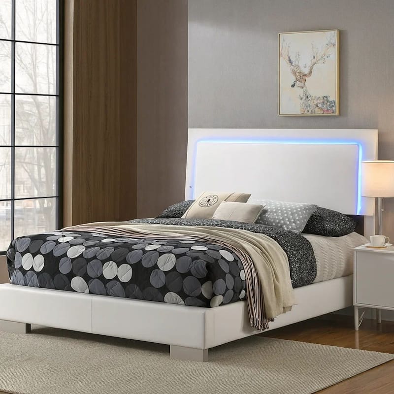 Sok Full Panel Bed with LED Headboard, Low Profile Footboard, Glossy White