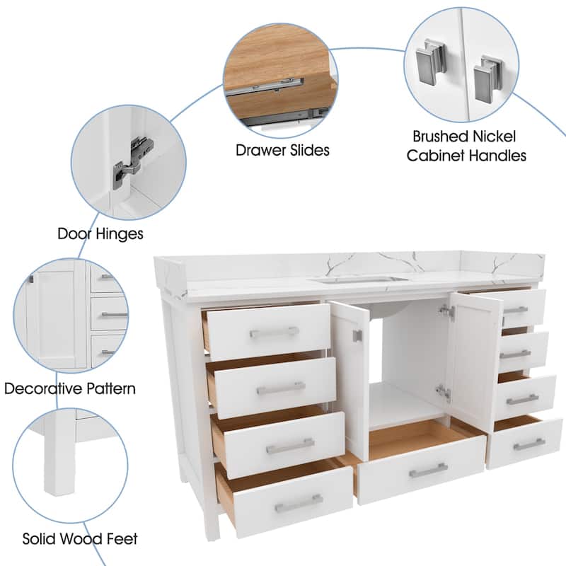 Nephelily 60 inch Transitional White Bathroom Vanity, Single Sink