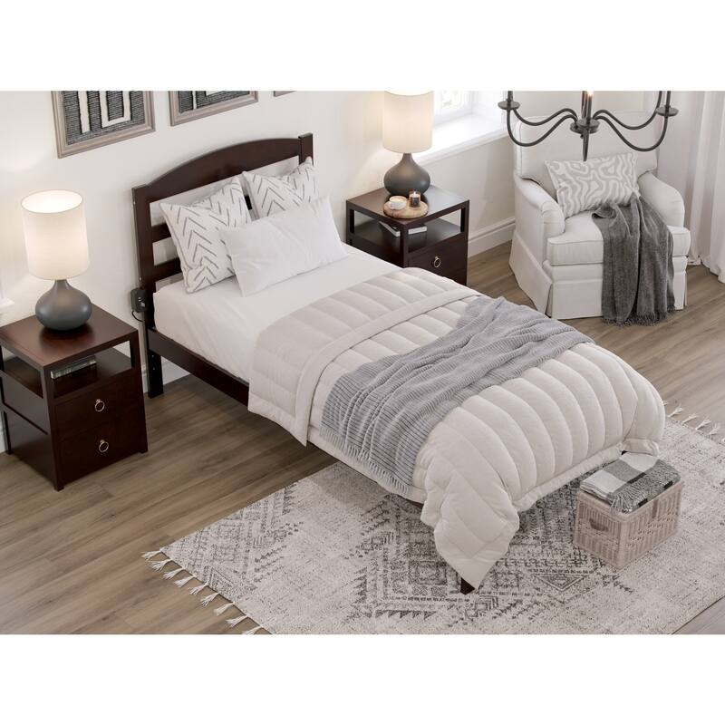 Wood Platform Bed - Twin Size, Espresso Finish - Charging Station & Arched Headboard