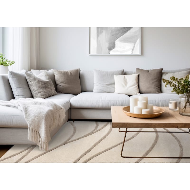 Porter Collection - Cream Taupe Curves Area Rug, 5'7" x 7'7"
