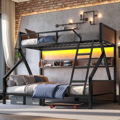 Twin XL over Queen Bunk Bed, Metal Bunk Bed with Storage Shelves and Lights, Space-saving & Noise-free Design, Black