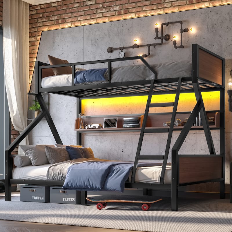 Twin XL over Queen Metal Bunk Bed with Storage Shelves and LED Lights, Space-saving Design, Black - Black