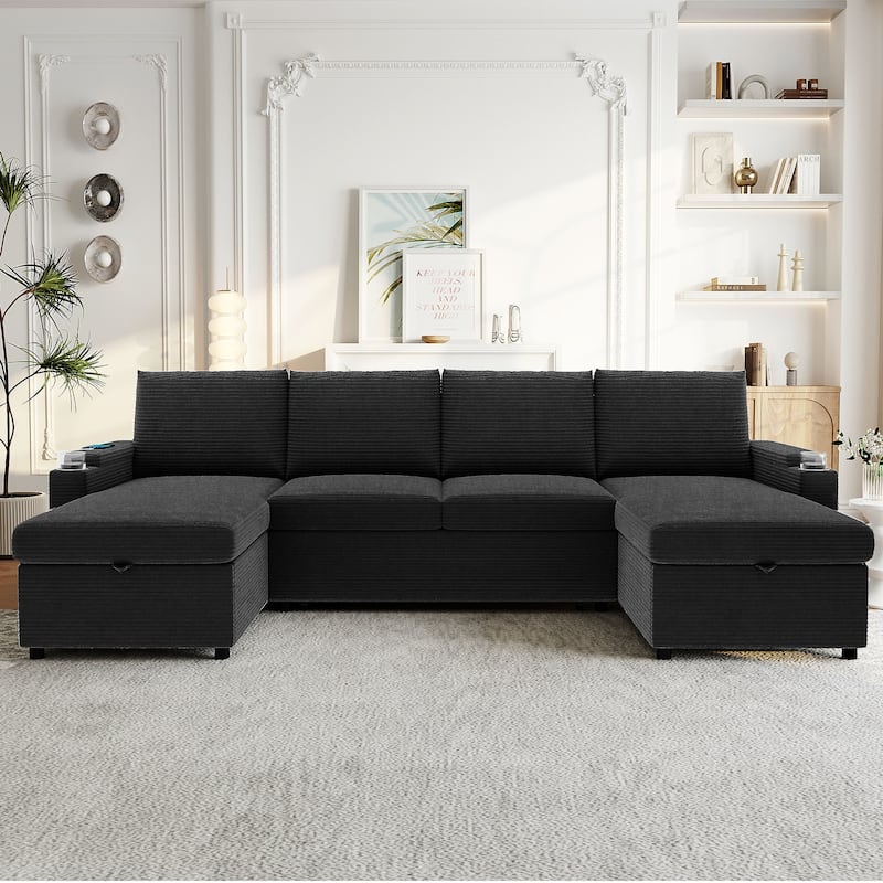 Convertible Sofa Bed with Pull Out Bed, U-Shaped Sectional Sofa with Dual Storage Chaise Lounges, USB Ports & Cup Holders