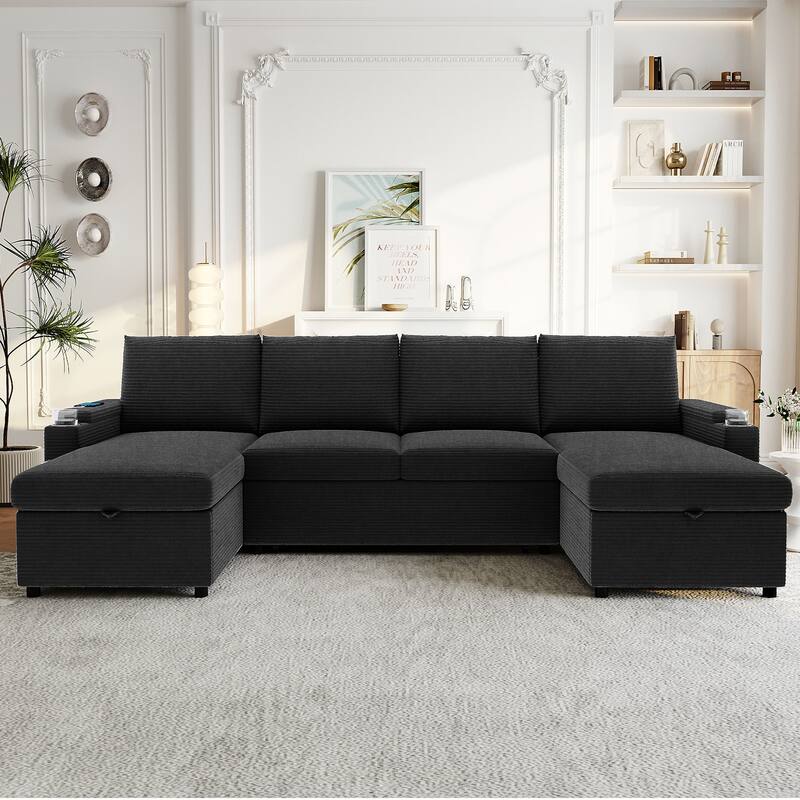 U-Shaped Sectional Sofa Convertible Sleeper Sofa with Dual Storage Chaise Lounges, Cup Holders, USB, Storage Boxes and Pockets
