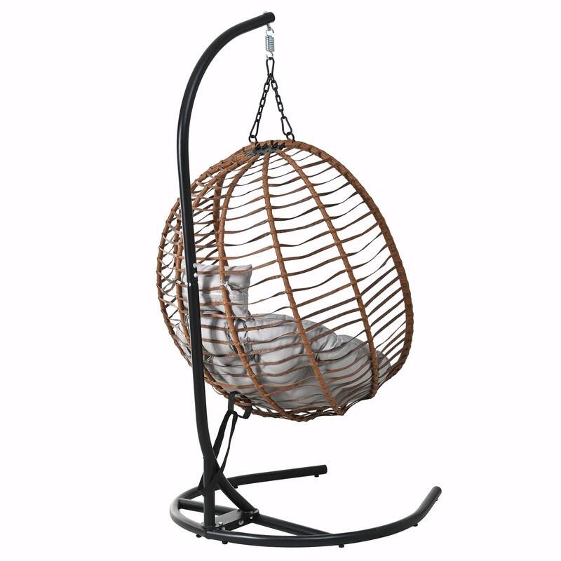 Single Person Folding Egg Chair with Stand, Indoor Outdoor Hanging Wicker Swing Chair with Adjustable Feet