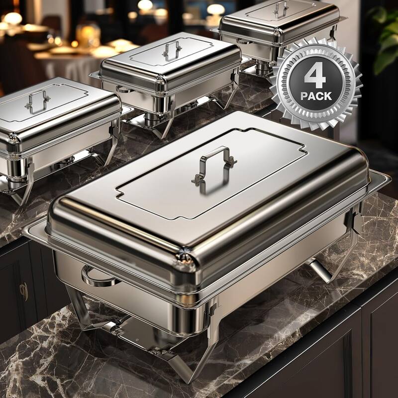 4 Pack Chafing Dish Buffet Set, 8QT Stainless Steel 1/2 Size Pan Chafing Dish, Chafers and Buffet Warmer Sets for Wedding