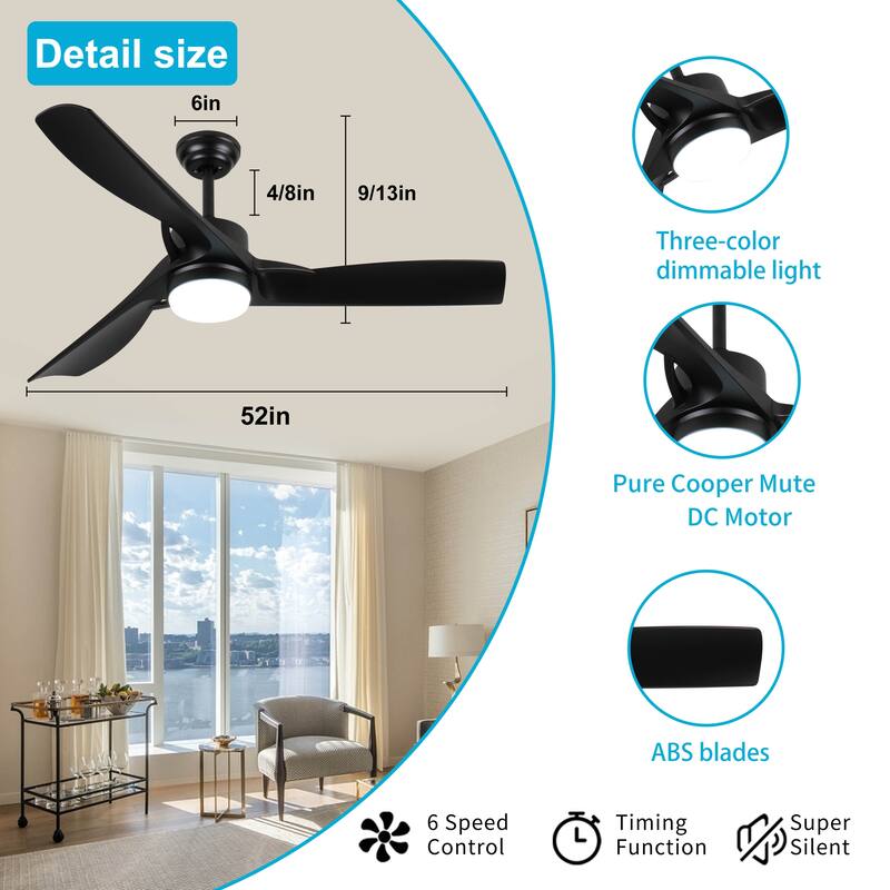52 Inch Black Ceiling Fan With Light, Ceiling Fan With 3 Reversible Blades, 2 Downrods, 6-Speed Remote Control