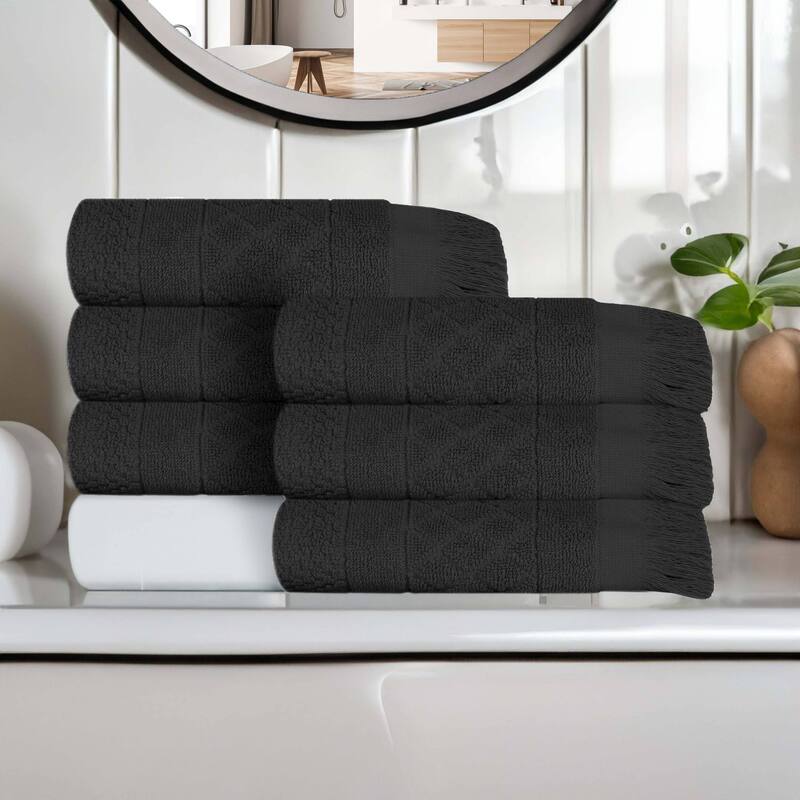 Superior Rolla Cotton Geometric Jacquard Plush Soft Hand Towel Set of 6 - Black