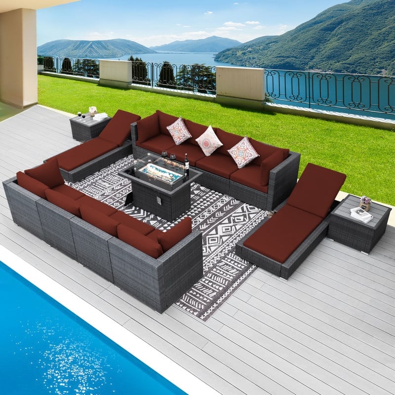 FINCATI 13 Pcs Patio Outdoor Wicker Furniture Sectional Sofa Set with Lounge Chair - 13 Piece - Red