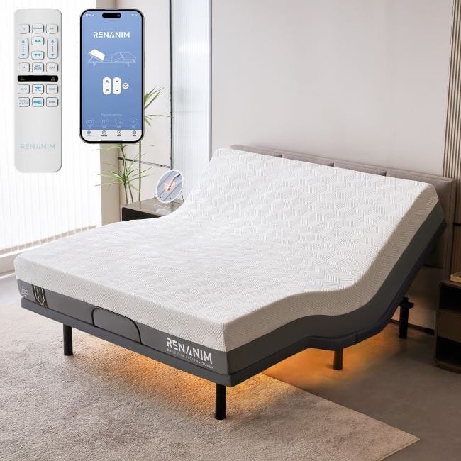 Renanim Adjustable Bed Frame with 14-inch Hybrid Mattress, Dual Massage, USB Ports, App Control, Underbed Light, Remote - King