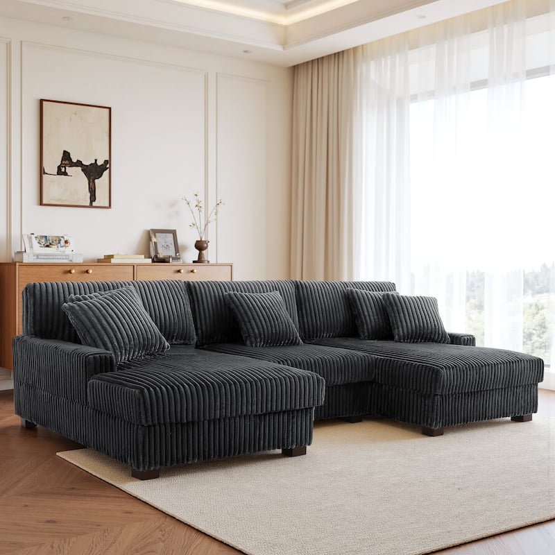 118.3" W U-Shape Plush Corduroy Upholstered Comfy Cloud Sectional Sofa