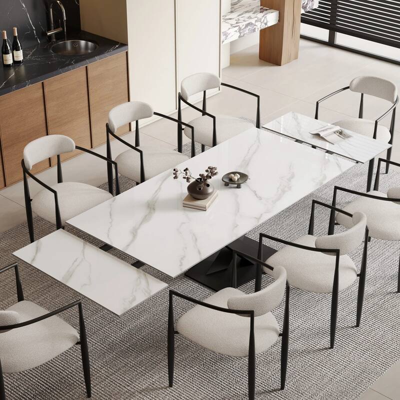 9 - Piece 94.48'' Modern Minimalist Extendable Sintered Stone Top Dining Set with 8 Fabric Chairs