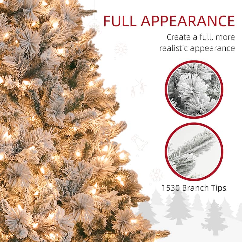 7.5 ft Pre-Lit Artificial Christmas Tree with 500 Clear Lights and 1530 Tips, Snow Flocked Christmas Tree - Green