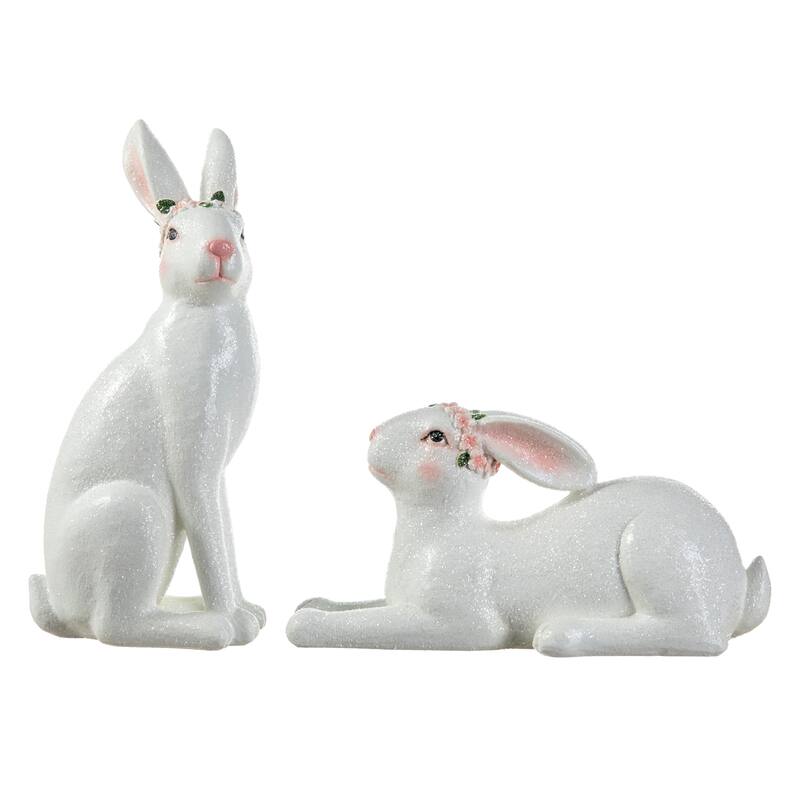 Glitzhome Set of 2 Easter Resin Bunny Table Decor Rabbits Figurines Party Ornaments