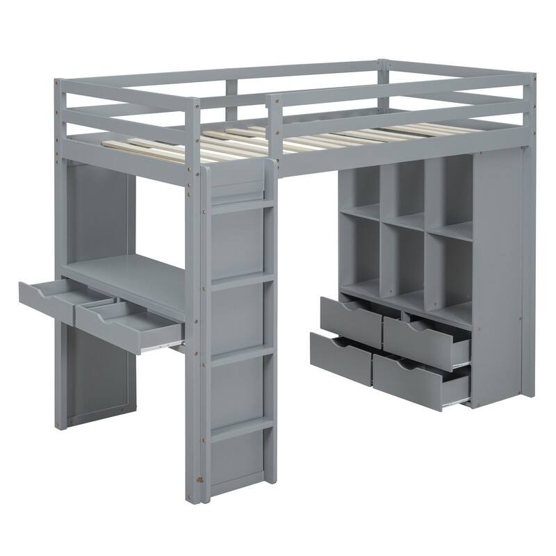 Full Size Loft Bed with Shelves, Drawers,Writing Desk and LED Light