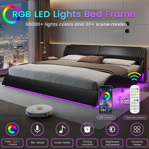 LED Bed Frame Modern Faux Leather Low Profile Platform Bed