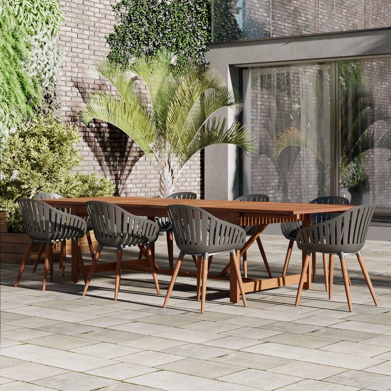 Amazonia Rawlins 9pc 100 FSC Wood Outdoor Patio Dining Set - Black Armchairs - Dark Wood