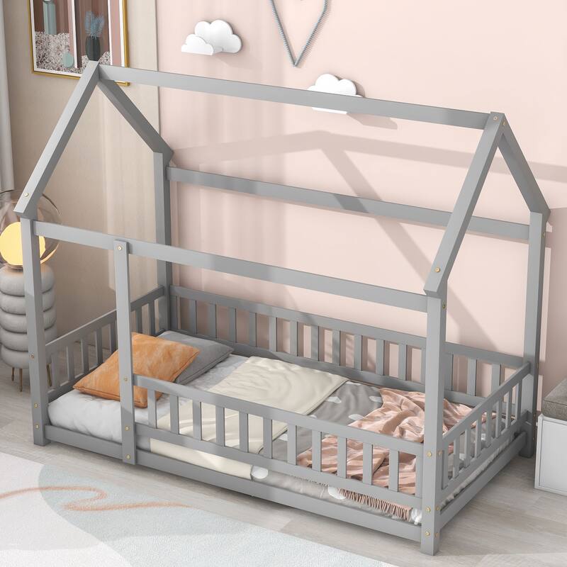 House-Shaped Twin Floor Bed with Roof Frame & Safety Fence, Grey Wooden Design