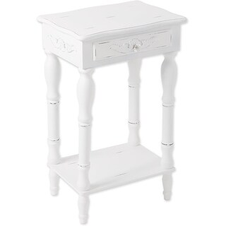 Distressed White Carved Wood Side Table with Drawer and Shelf - Bed ...
