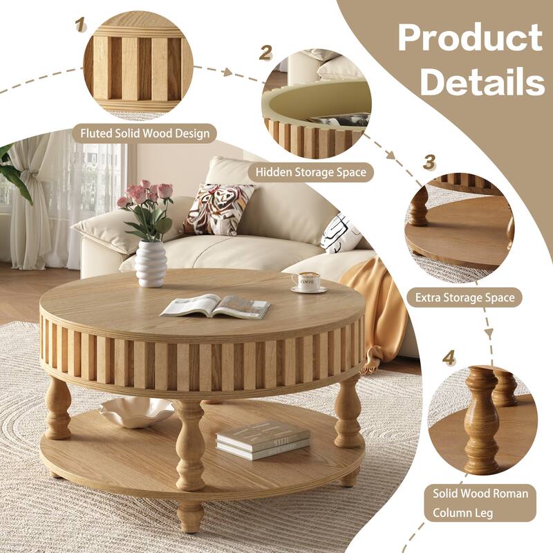 31.5" Farmhouse Round Fluted Coffee Table with Flip-Top Lids and Spacious Hidden Storage