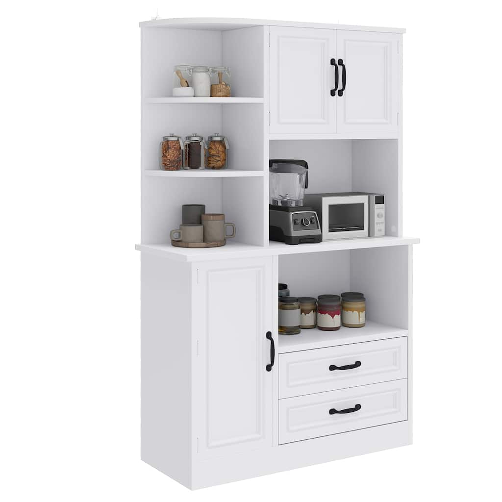 64" White Kitchen Pantry w/ Power Outlet, Sliding Racks & 3 - Tier Shelves