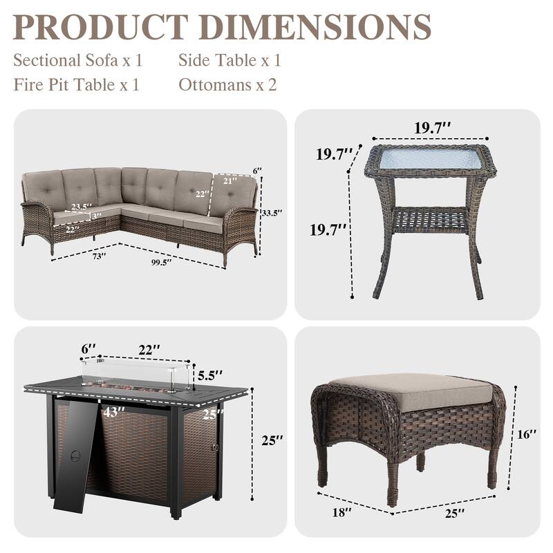 Outdoor Sectional Sofa Ottomans with Fire Pit Table -Beige - Brown