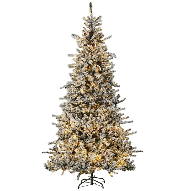 HOMCOM 7.5ft Tall Prelit Artificial Christmas Tree Holiday Décor with 1566 Snow Flocked Branches Green