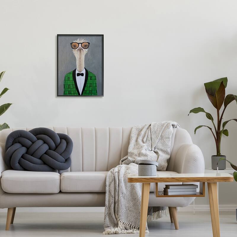 Stupell Charming Ostrich Bird Bowtie Sunglasses Green Cardigan Framed Wall Art
