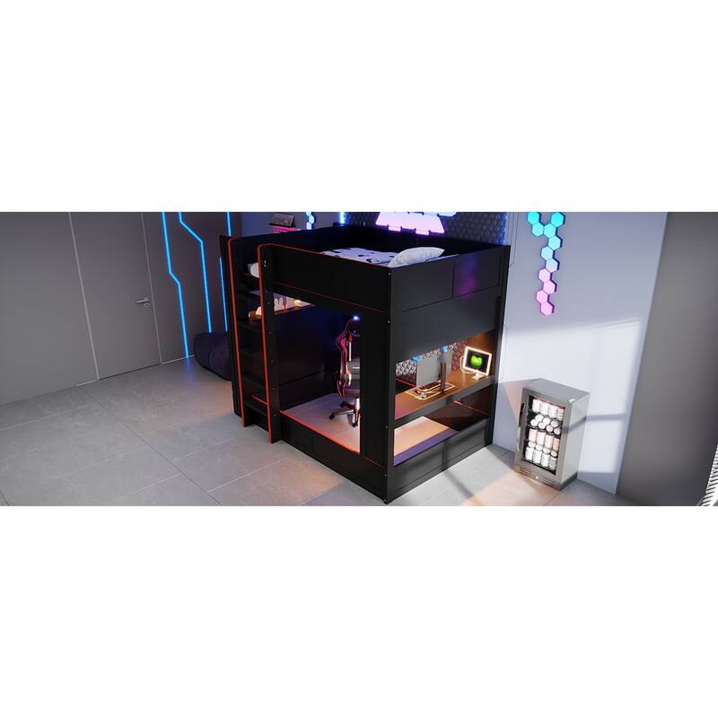 Roomfitters Full Size Gaming Bunk Bed with Desk, Storage Shelves, LED and Charging Station, Black