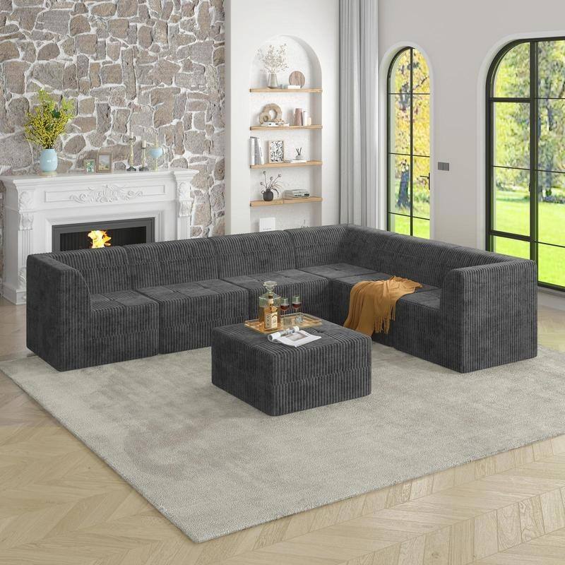 No Tool DIY Sofa Bed, L-Shape Modular Corduroy, Space Saving - Grey-2