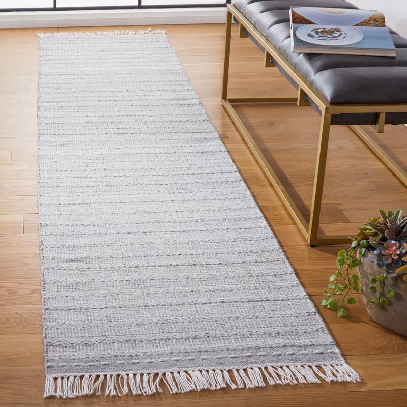 SAFAVIEH Striped Kilim Tzoulia Fringe Rug - 2'3" x 9' Runner - Grey/Ivory